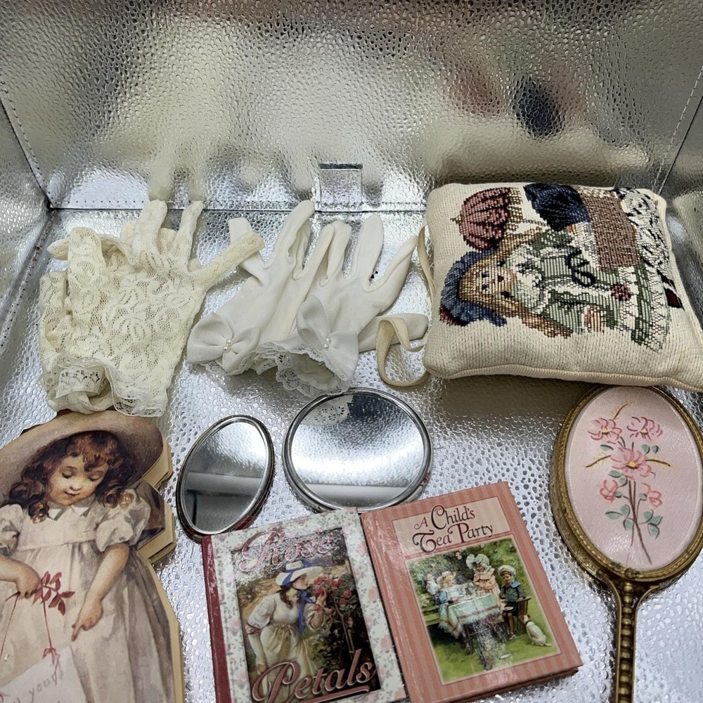 Vintage Little Girl Gloves, Mirrors, Books, Hanging Pillow